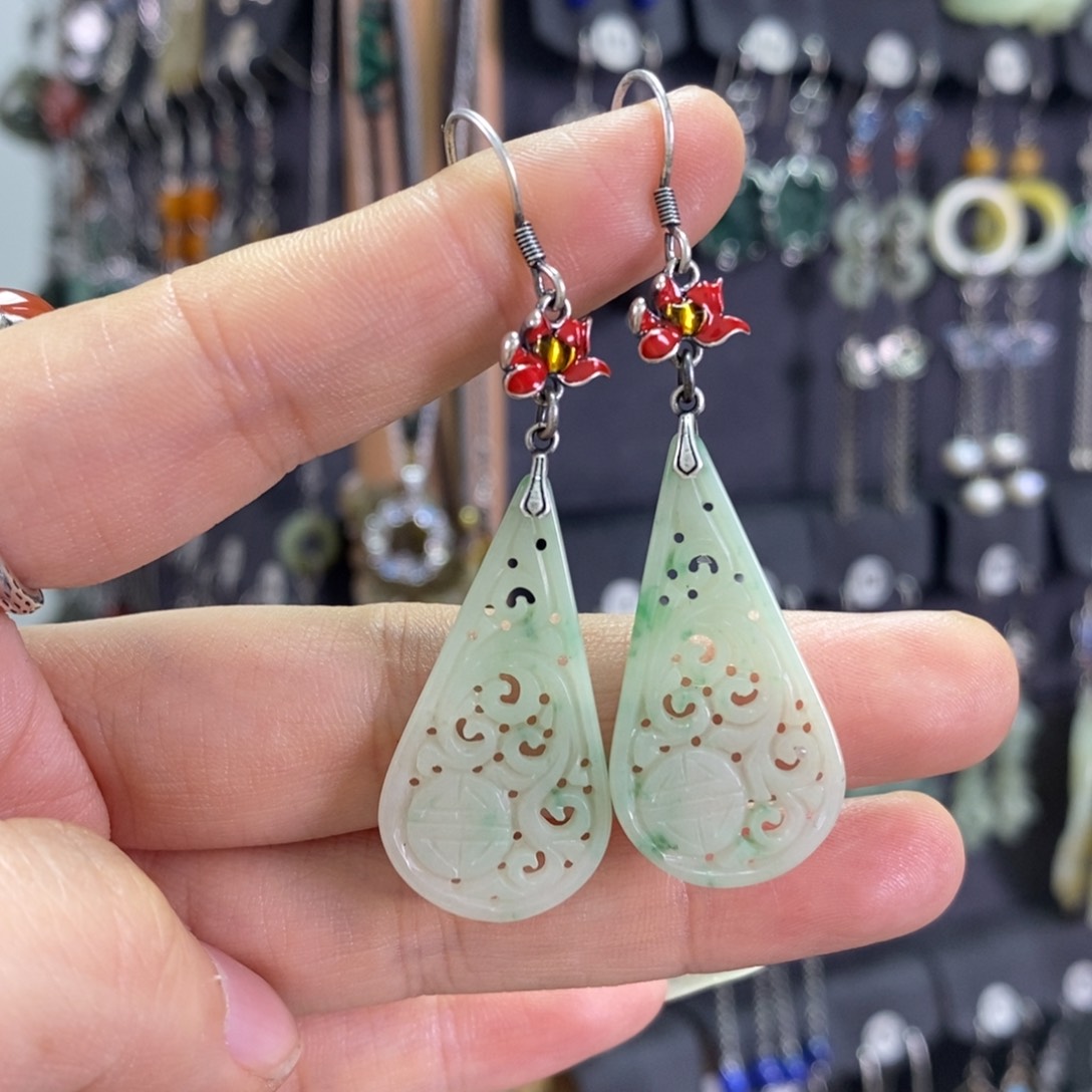 翡翠耳饰银S925镶嵌耳坠