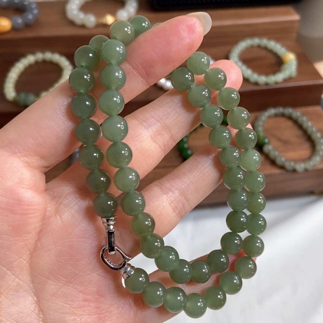 和田玉项链银S925镶嵌福利8mm冰湖水绿项链