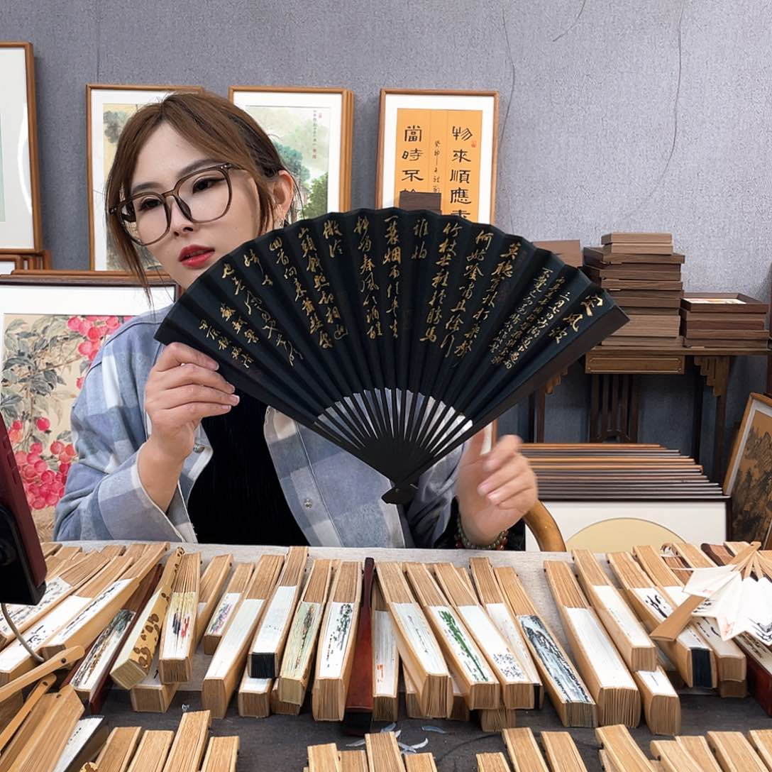 国画95寸黑檀-纯手绘-文玩扇骨（默认粘好）定风波