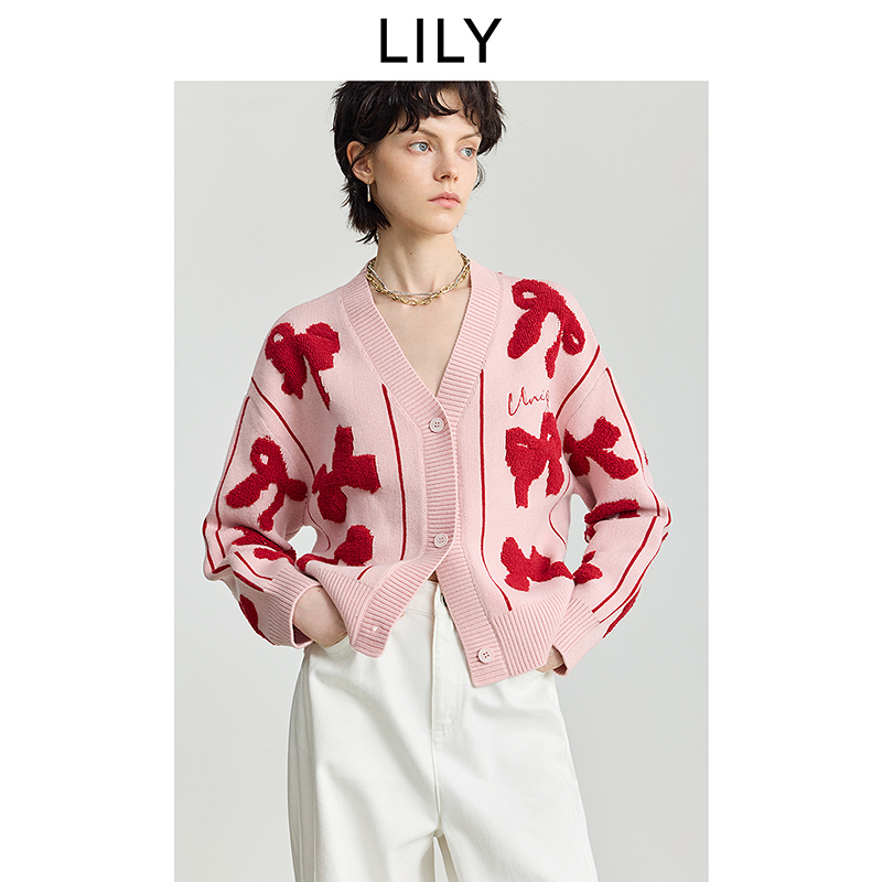 LILY2025冬新款女装含莫代尔羊毛立体蝴蝶结针织开衫125409TC947