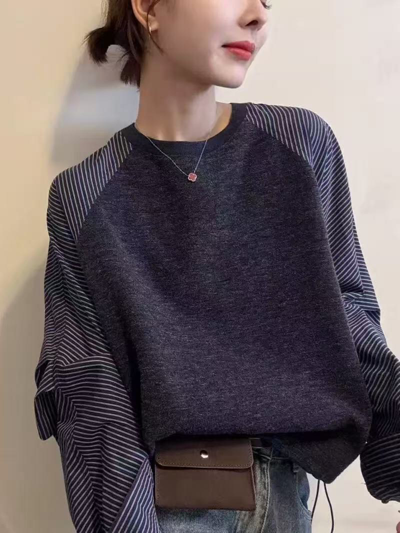 宽松129百搭打底拼接常规款圆领卫衣秋季条纹长袖针织