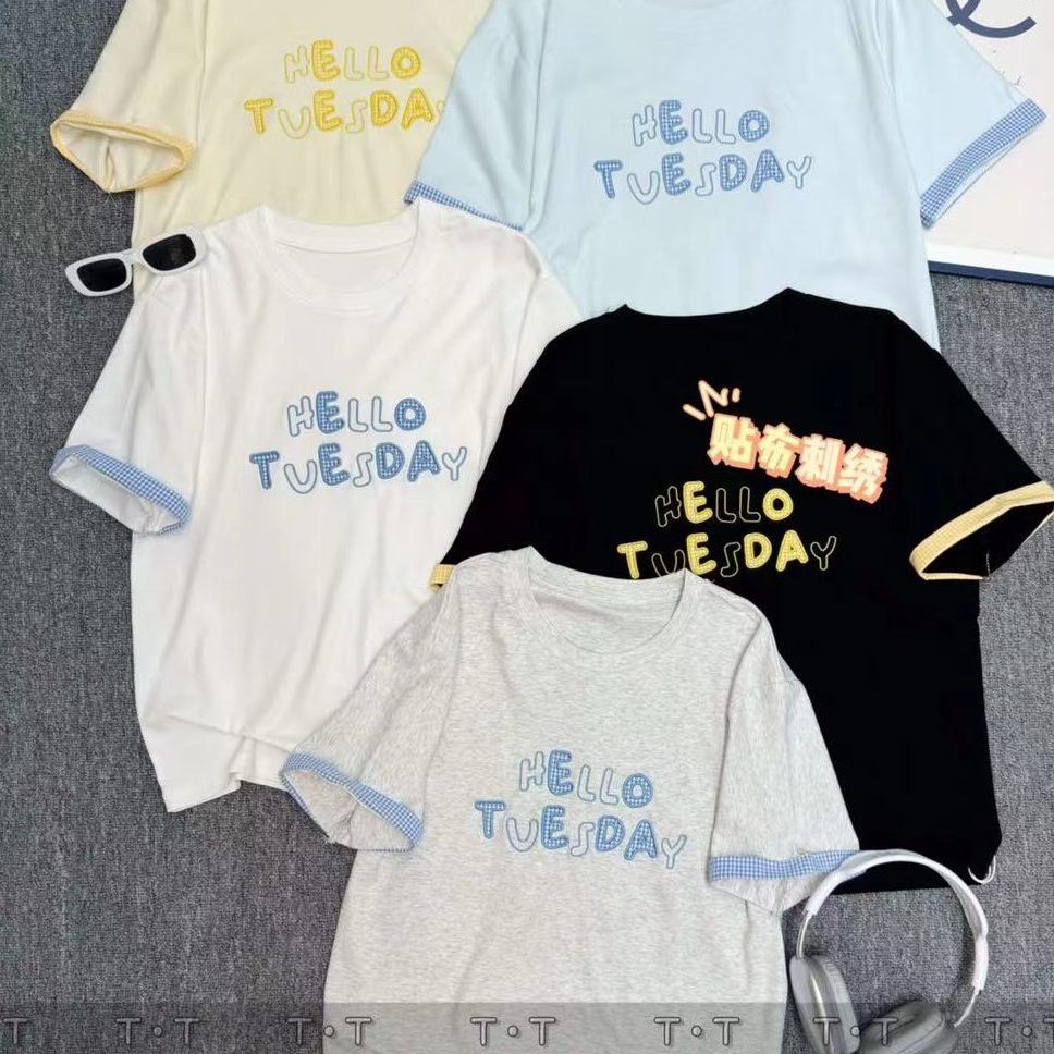 韩系字母撞色短袖T恤轻奢双面刺绣百搭上衣-0028