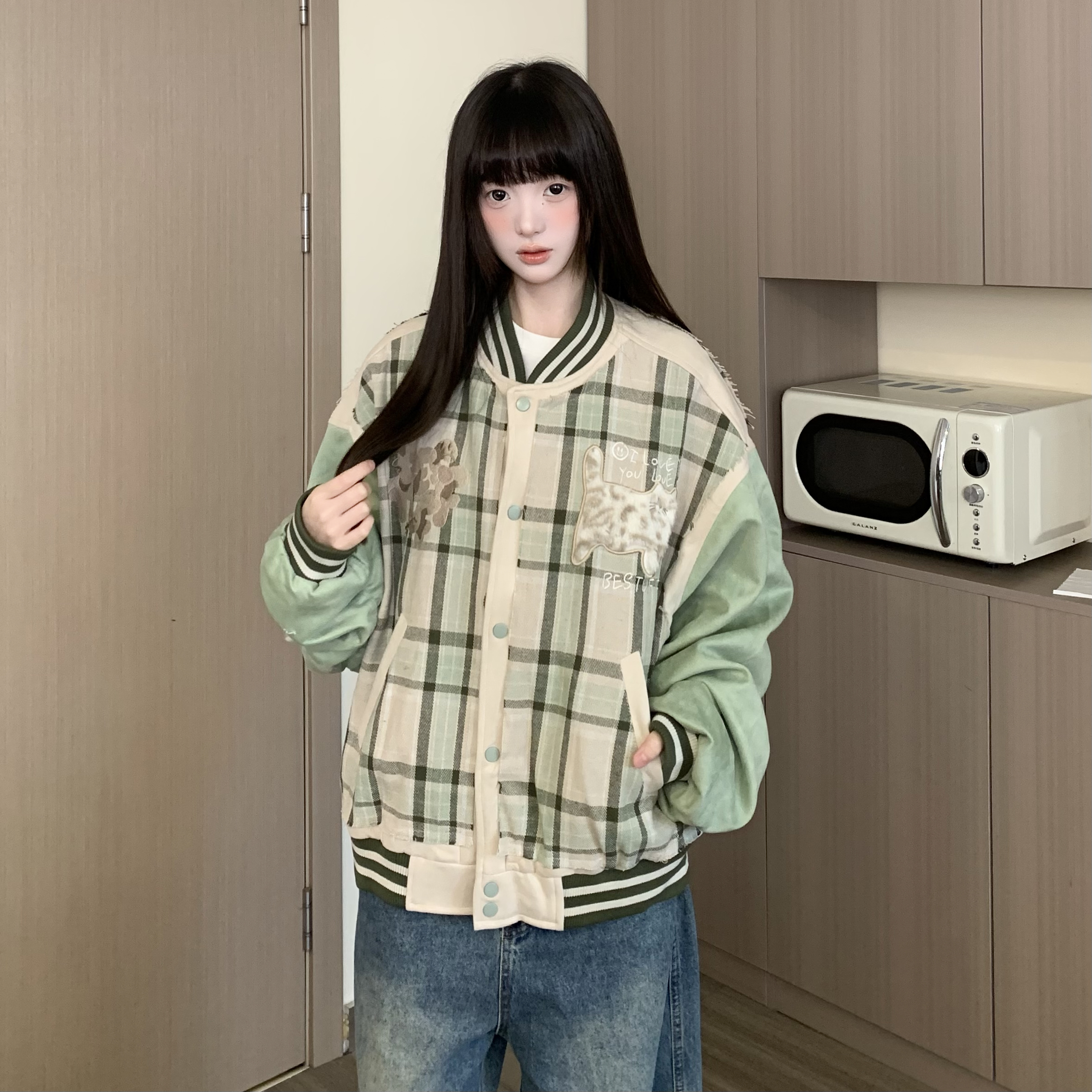 TOM潮 美式复古格纹拼接设计感刺绣棒球服短外套毛绒动物可爱百搭