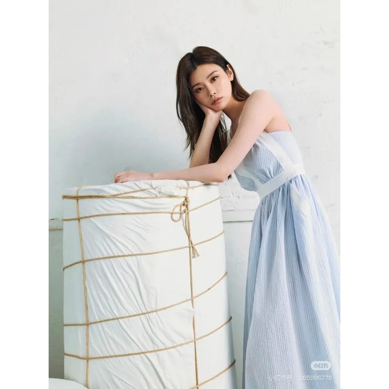 ES.南油原创法式夏季奚梦瑶同款V领条纹吊带拼色长裙连衣裙显瘦