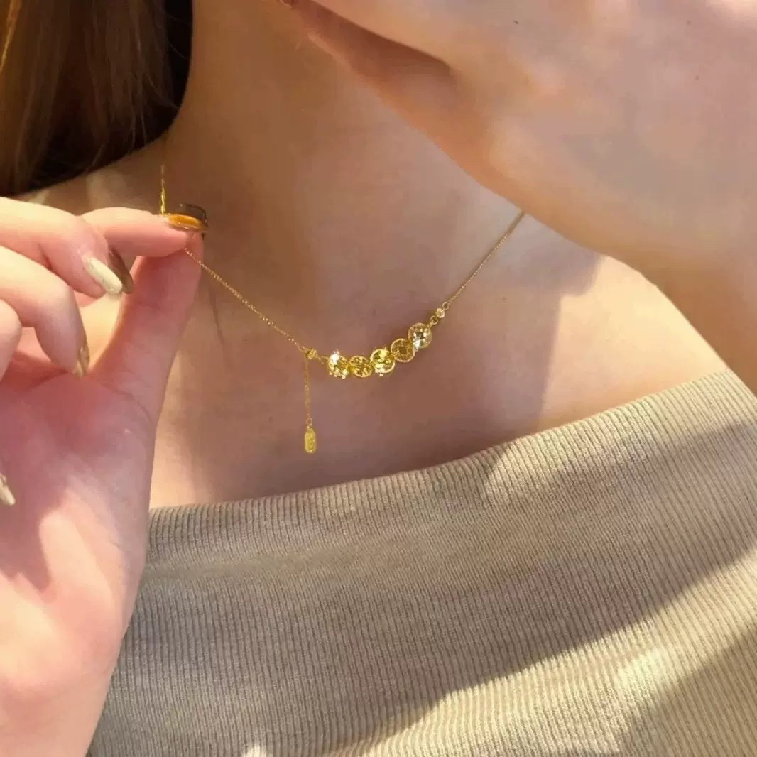 铜合金项链 碎冰冰五帝铜钱ins小众金色手链项链女爆闪流苏锁骨链