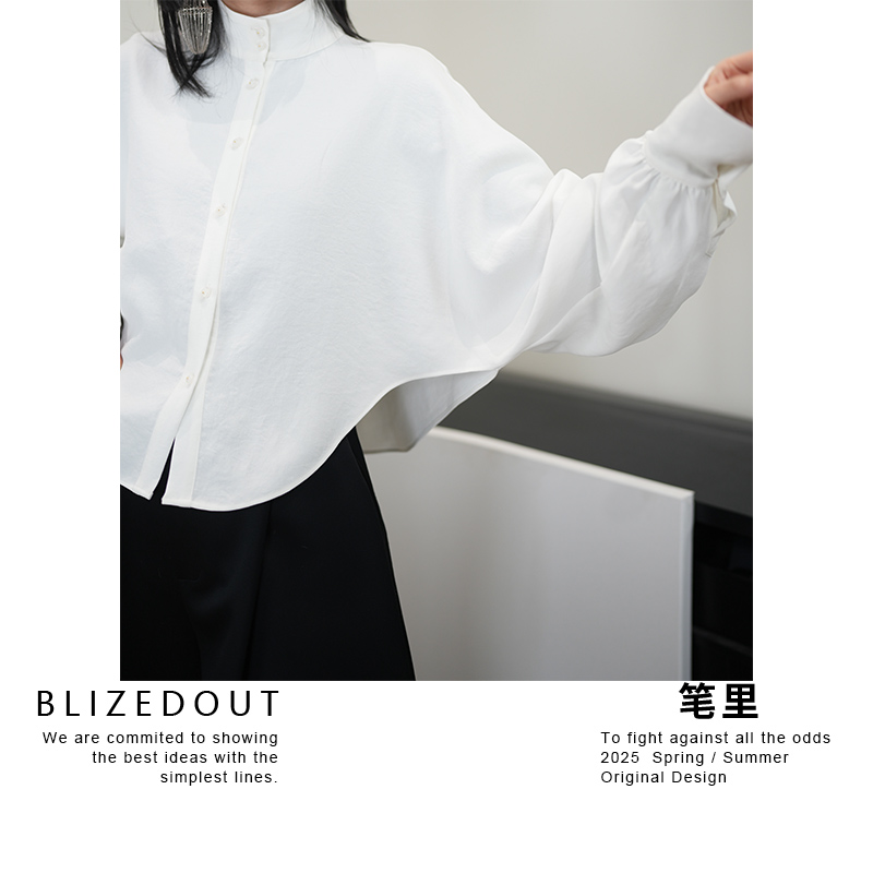 笔里【BLIZEDOUT】原创设计师6010302白色中式立领弧型下摆小众衬衫
