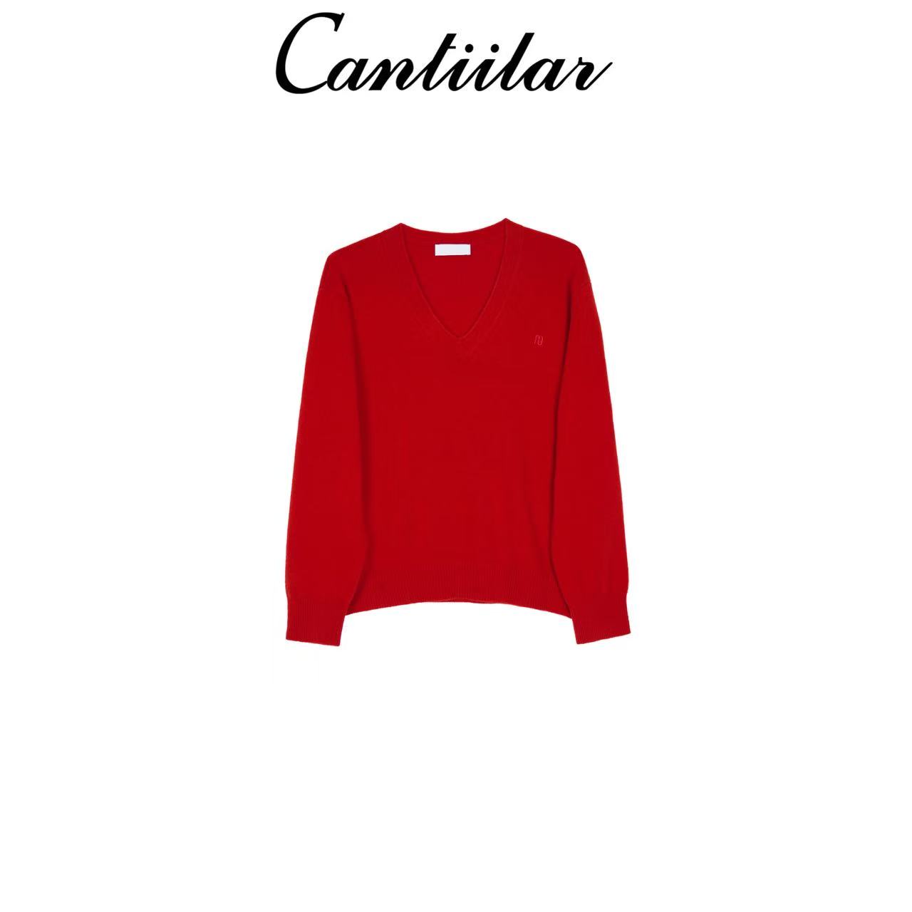 CANTIILAR 极简老钱v领气质百搭红色毛衣   M24306 