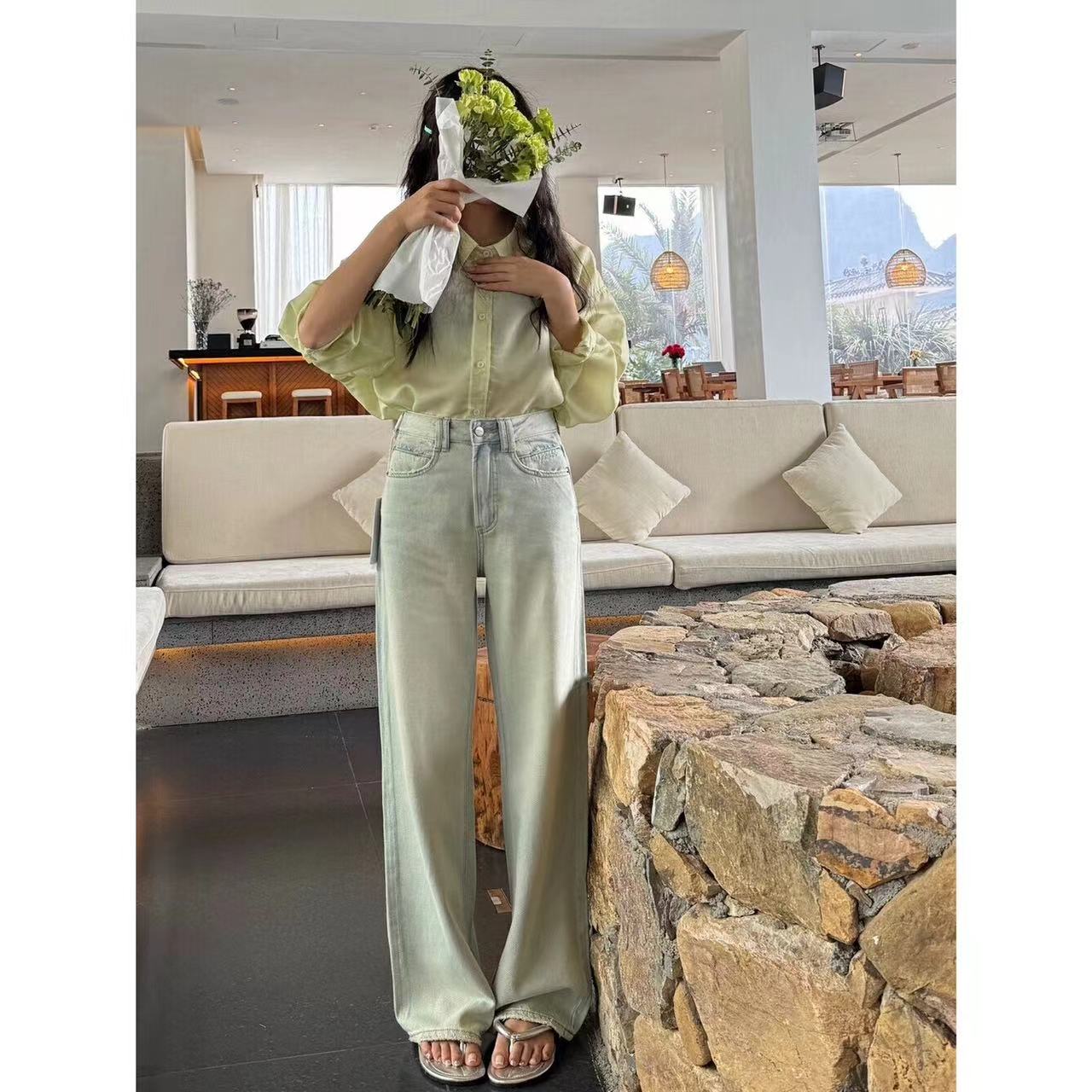 【牛仔小夫妇】无弹-设计感 窄版阔腿裤-浅色怀旧水洗工艺8018