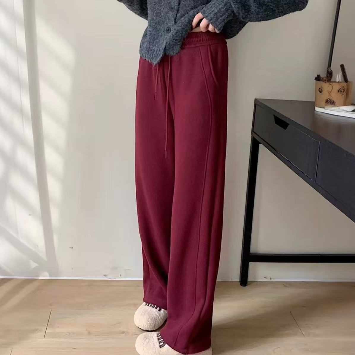 2308糯米弯刀裤羊毛桑蚕丝加绒小个子秋冬女抽绳带口袋直筒裤