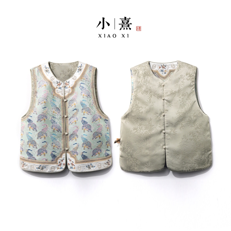 【清颜】2025秋季新款上衣马甲女式新中式圆领拼色提花双面双穿马夹