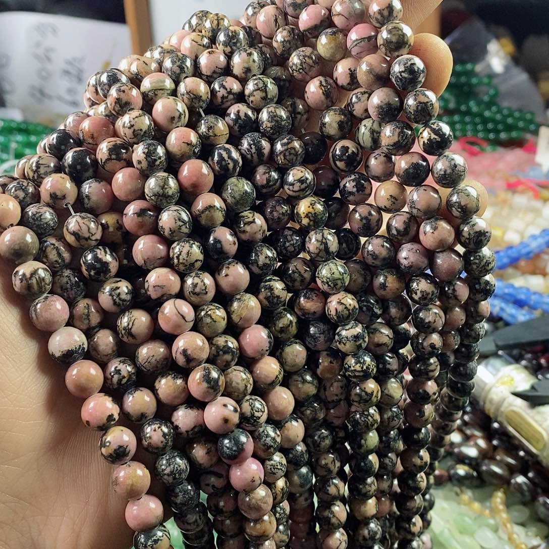 玛瑙/玉髓珠宝半成品合金一条天然8mm黑线蔷薇石