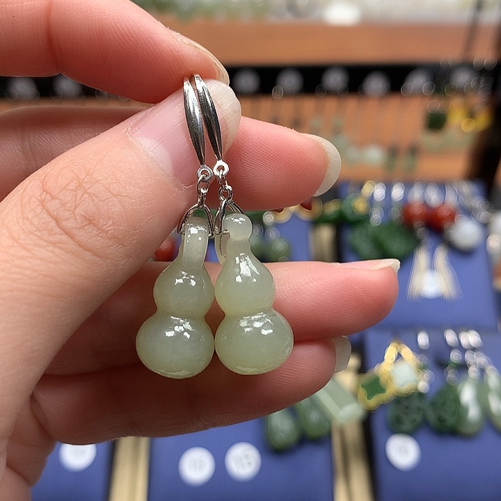 和田玉银S925镶嵌耳饰葫芦22左右晴水