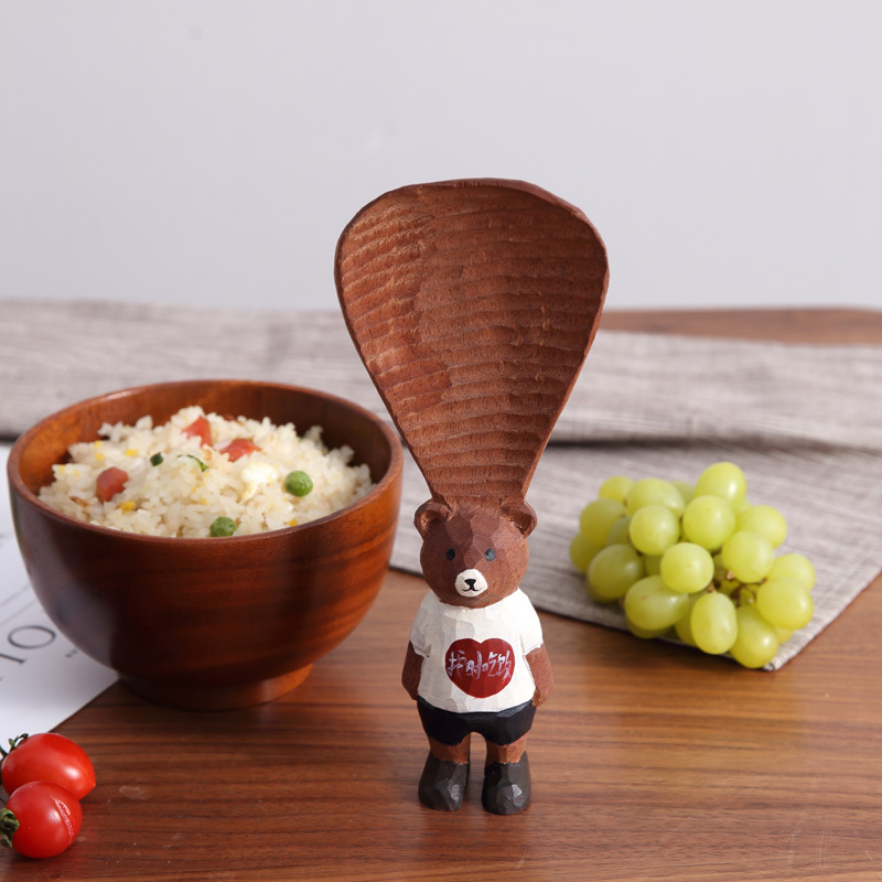 自然之风手雕品实木木雕沙比利木手作雕刻整木小熊饭勺