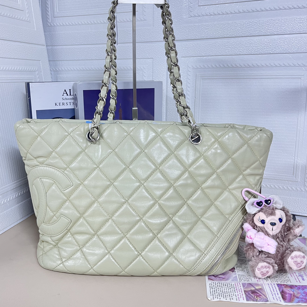 95新 Chanel/香奈儿 豆沙绿康鹏托特单肩包