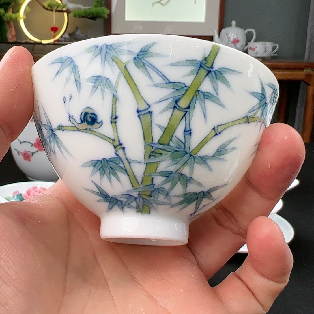 釉下君子竹鸡心杯一级品