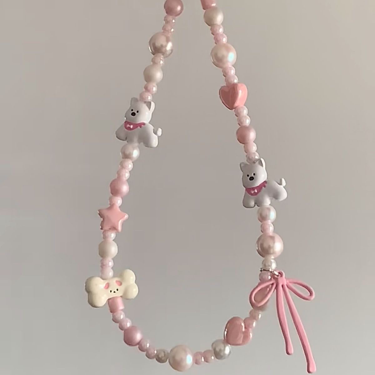 ins风粉色小狗串珠手机壳链小众挂绳可爱ccd挂件相机挂链防摔少女