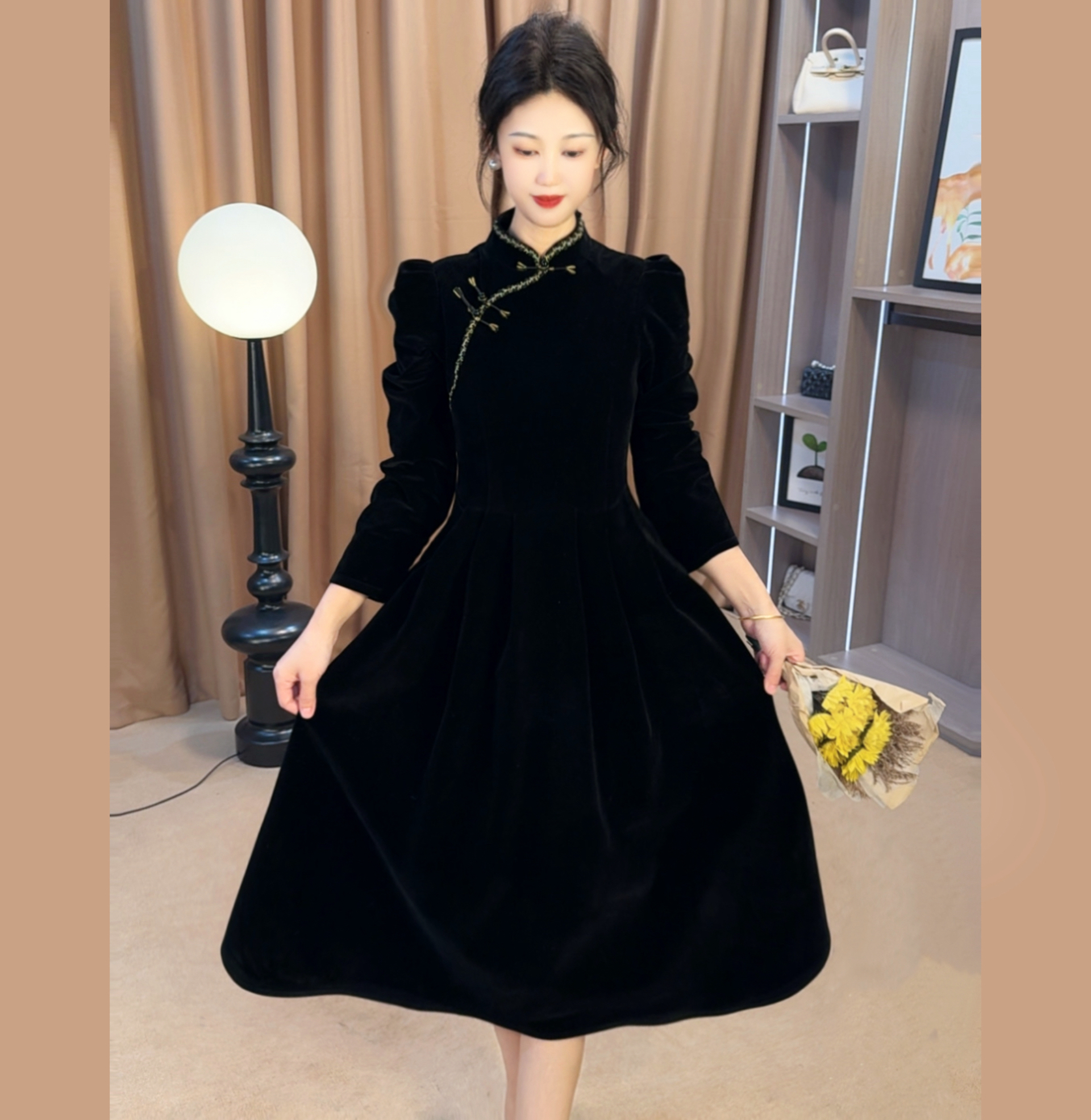 【思语定制】 新中式轻奢刺立体盘扣气质显瘦收腰连衣裙RS2554