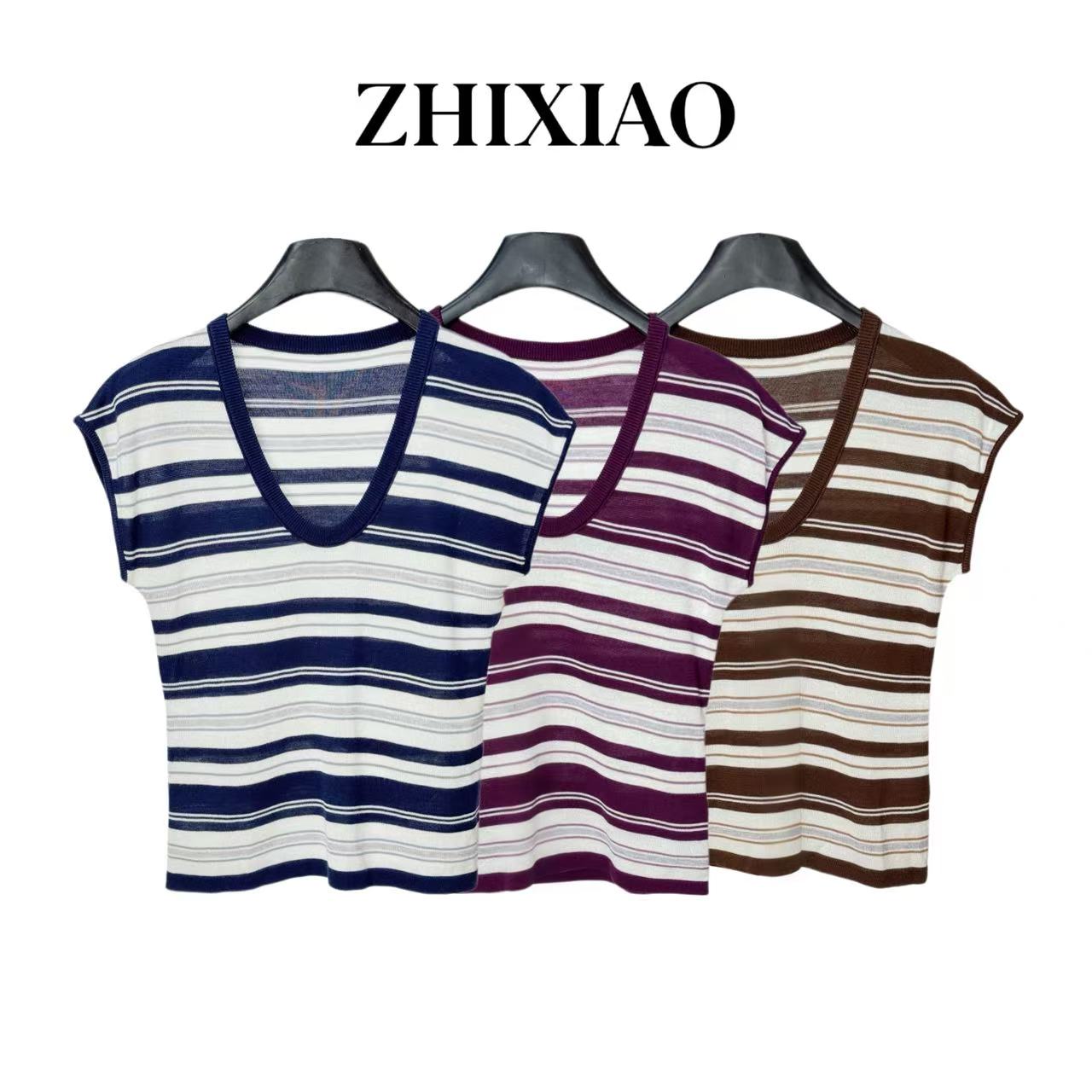 【ZHIXIAO】秋冬新款：条纹U领针织背心2518