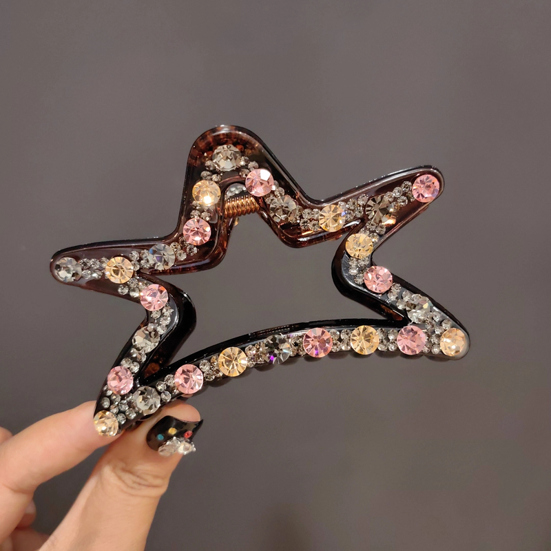 韩版带钻大抓夹网红款五角星盘发夹轻奢鲨鱼夹时尚小香风星星抓夹