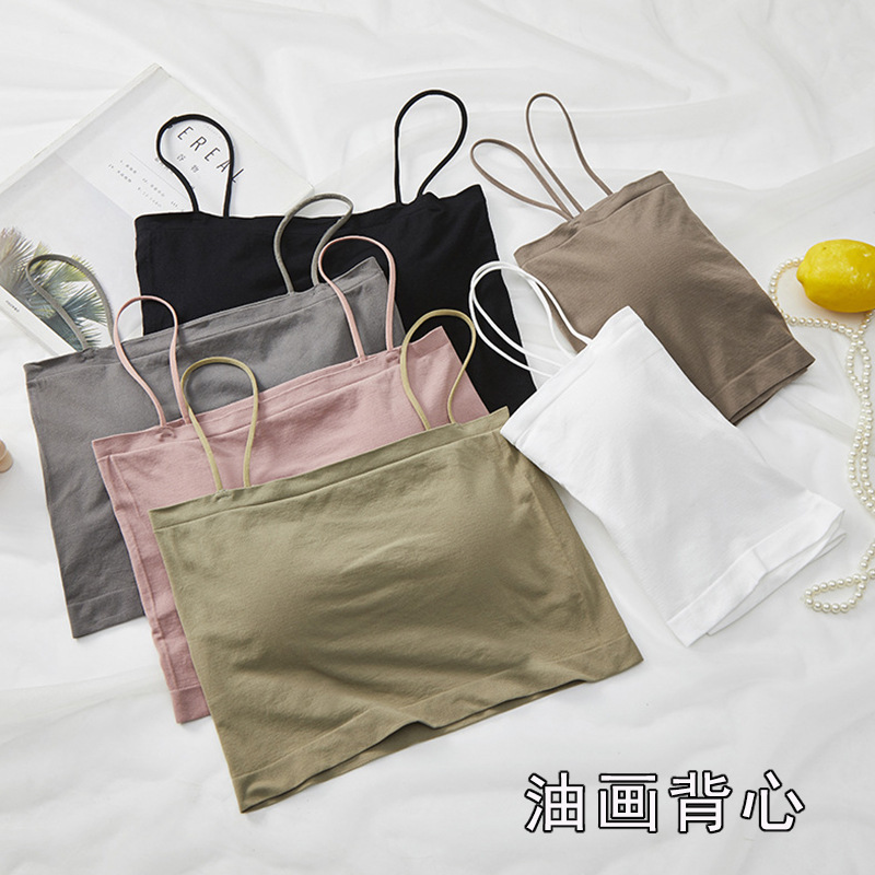 油画内衣女夏季薄款美背文胸一体带胸垫冰丝小吊带内搭一字肩抹胸