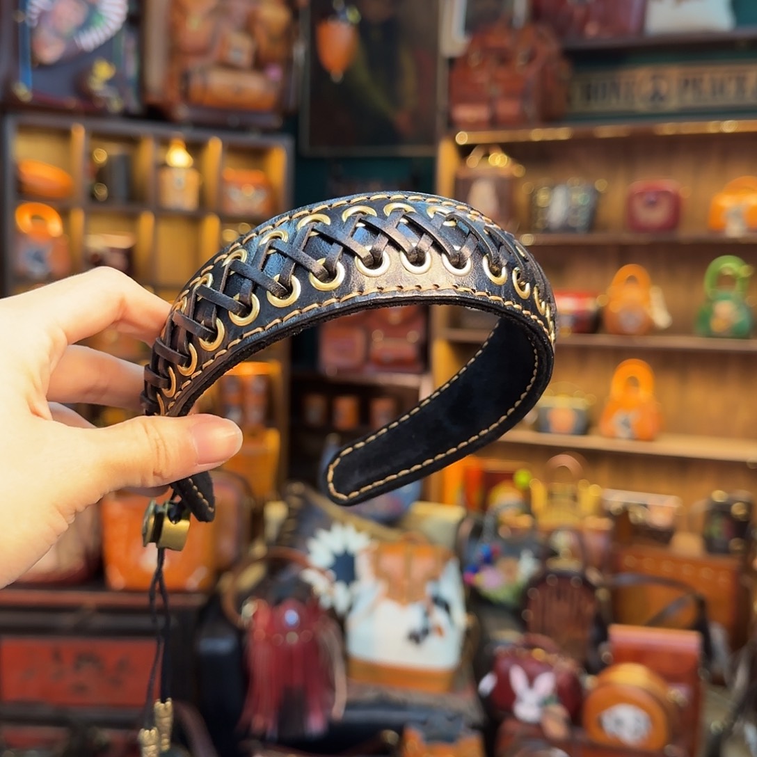 ****子牦牛剖层皮革黑色编织发箍