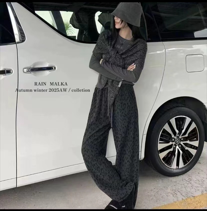 厚款松紧腰豹纹保暖阔腿裤休闲裤设计感休闲秋季801