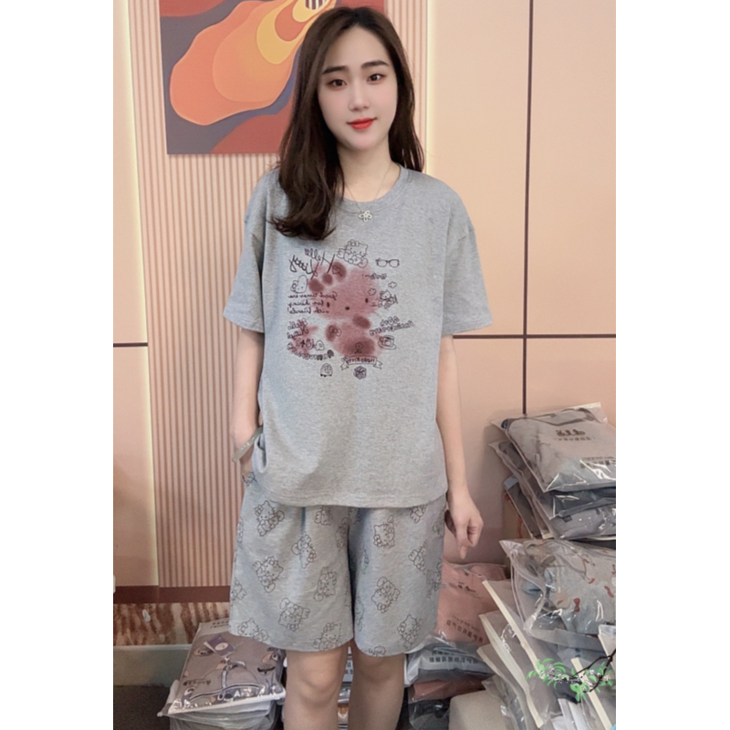 睡衣女夏季新款纯棉短袖短裤甜美可外穿家居服套装（腮红kitty猫）
