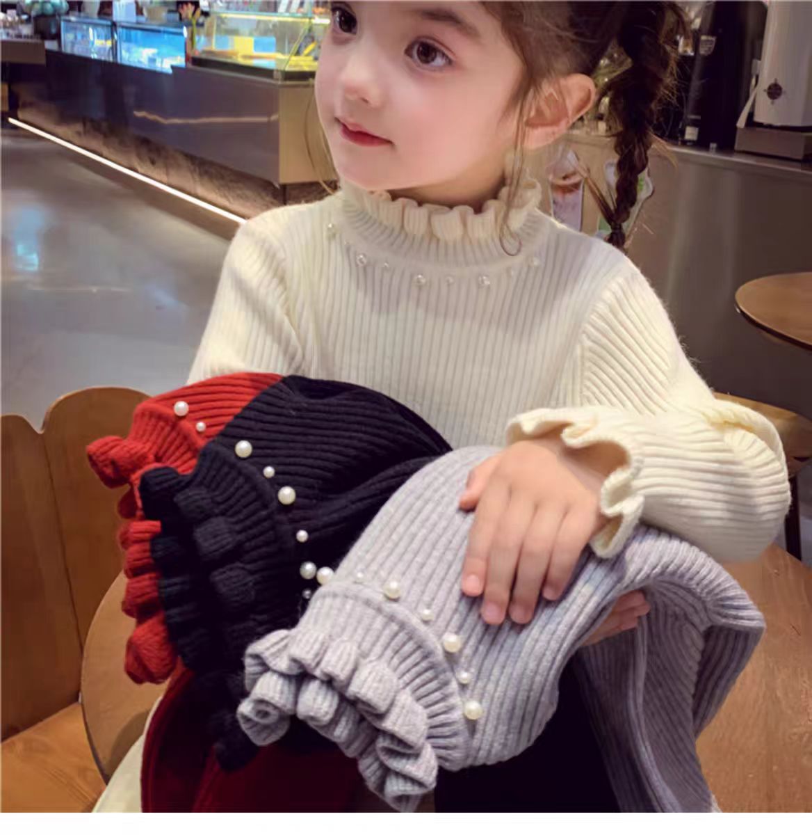 女童一体绒毛衣洋气冬款花边领儿童半高领套头针织女孩加绒打底衫
