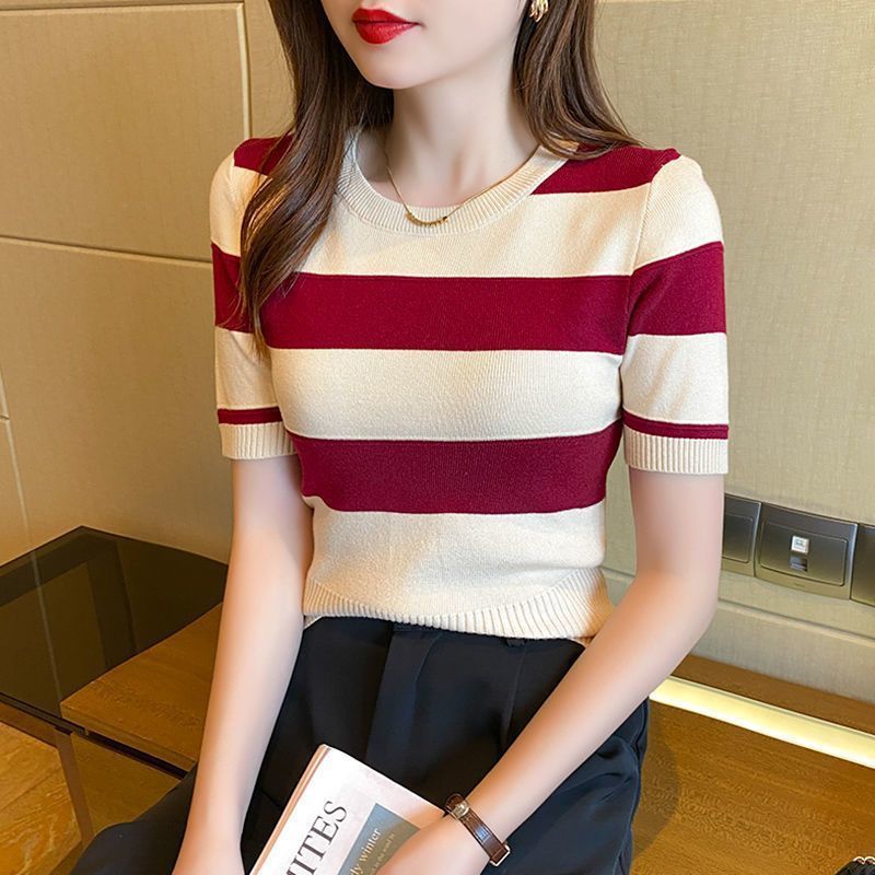 条纹短袖T恤女修身显瘦冰丝针织衫2024夏新款外穿内搭短款上衣女
