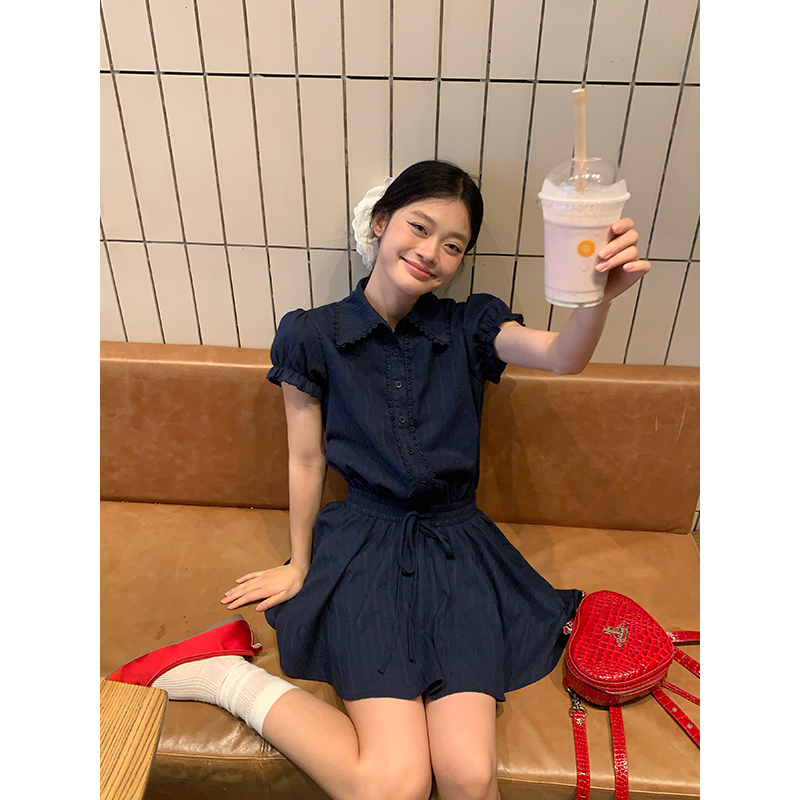 宋正恩藏蓝色泡泡袖衬衫连衣裙女夏季收腰显瘦百搭A字裙ZE7383
