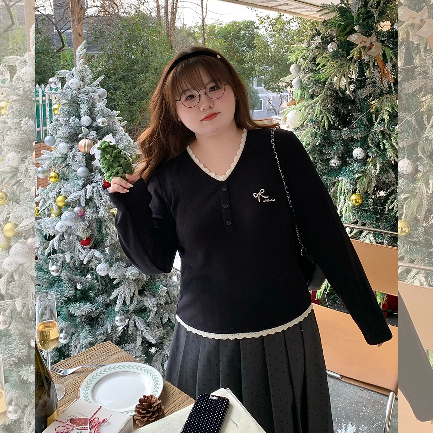【LT STUDIO辣条大码】刺绣假两件蕾丝内搭针织上衣