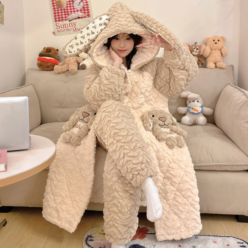 三层夹棉加厚加绒睡袍可外穿宽松冬季睡衣女士珊瑚绒家居服 9019