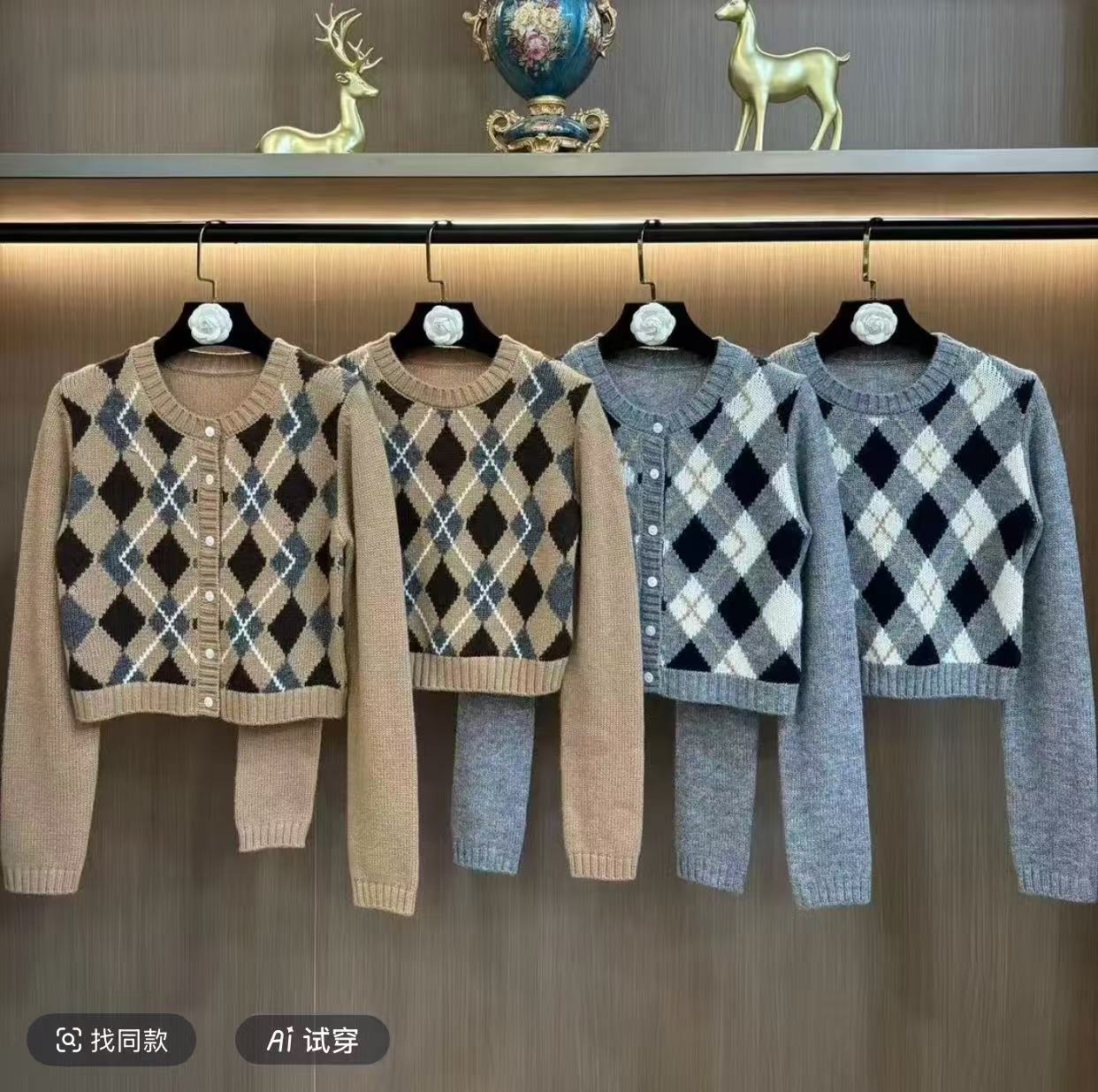 98262/98261秋冬修身型针织气质毛衣圆领毛针织衫长袖时尚格纹