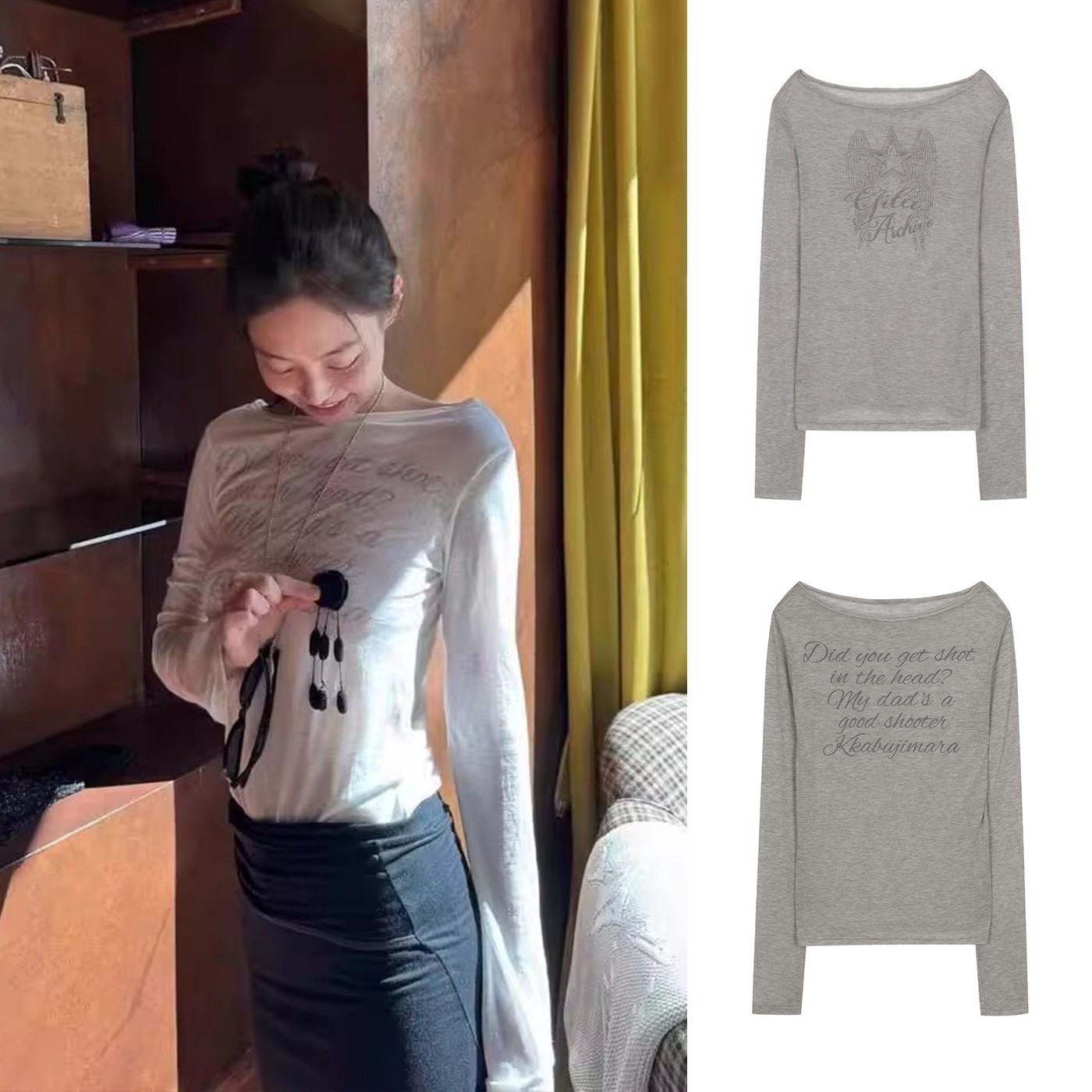 Miss sumeyY3930自制jennie同款早秋微透性感长袖打底上衣t恤女