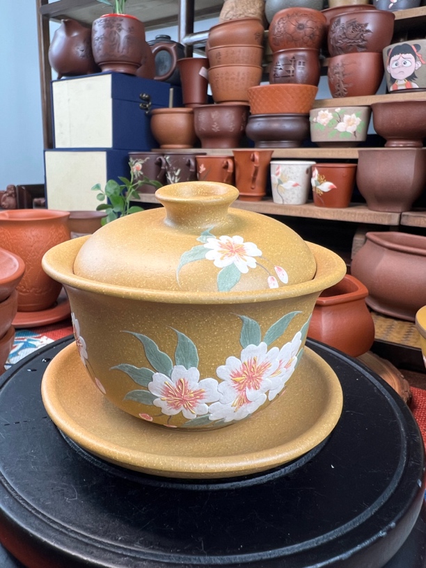 宜兴紫砂盖碗手工制作一物一拍黄降坡150cc手工彩绘紫砂壶直播间