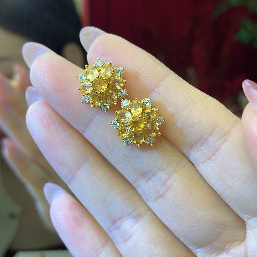 黄晶耳钉，银S925镶嵌