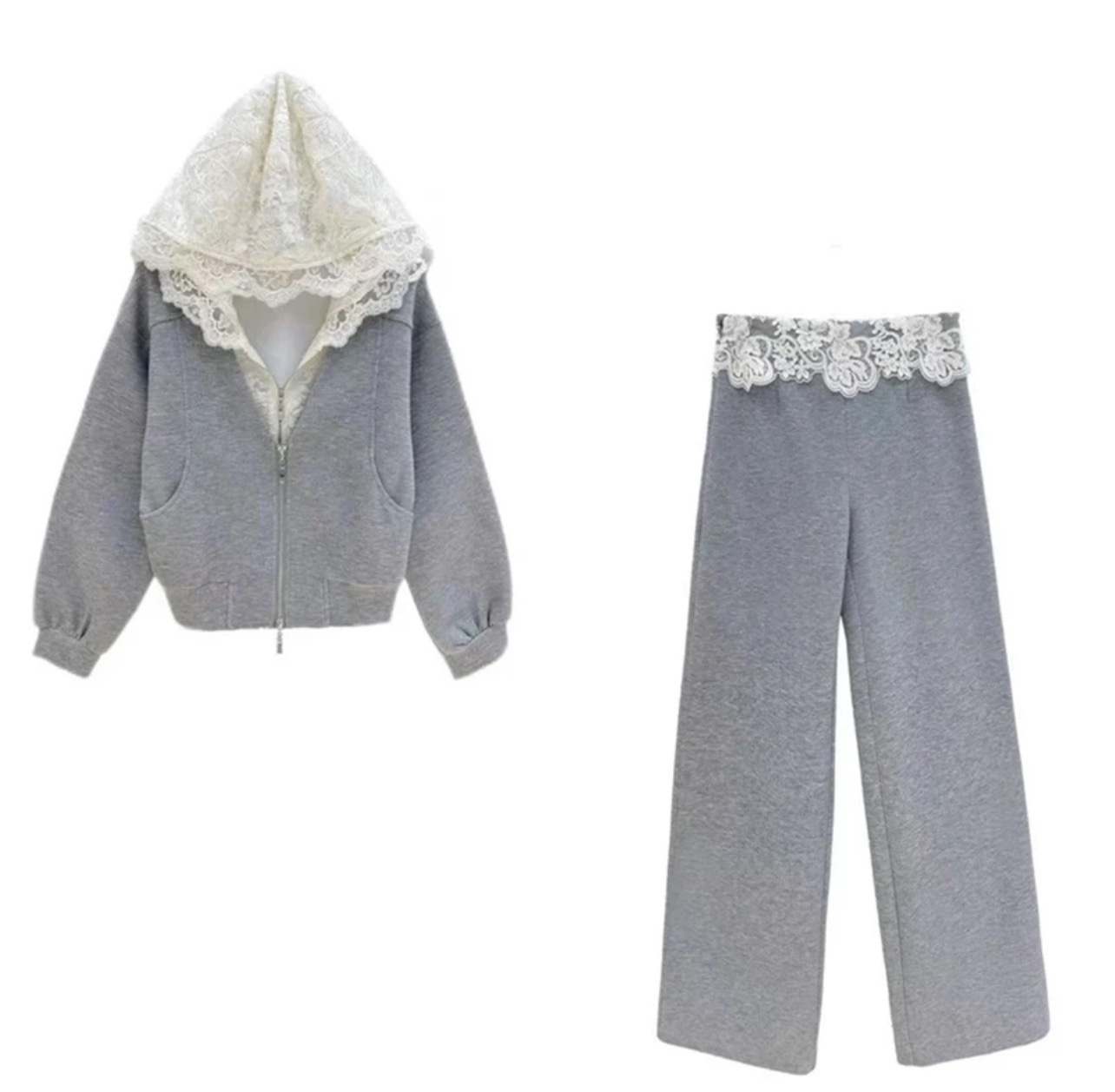 欧洲站2025早春新款V+.com蕾丝连帽拉链外套假两件休闲直筒裤套装