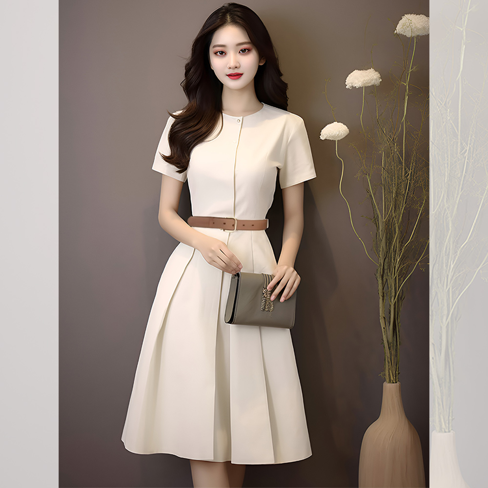 2025爆款女装时尚穿搭韩版气质白色连衣裙收腰小个子显瘦女生衣服