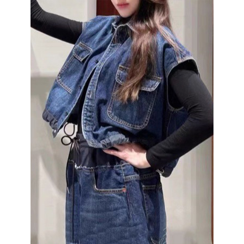 原厂孤品特价清！翻领抽绳无袖牛仔马甲 A525