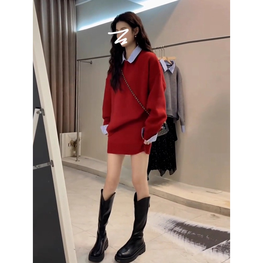 2025新款高级感穿搭配灰色针织连衣裙子女早秋季内搭毛衣套装短裙