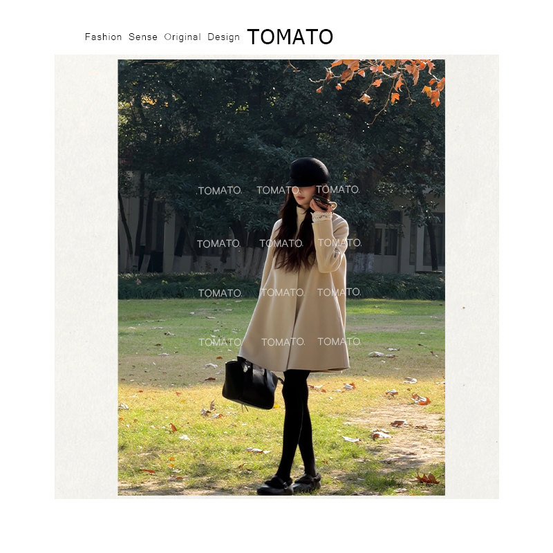 TomaTo-绒间秘境 韩系优雅气质飘带立领双面羊毛大衣外套C25DY998