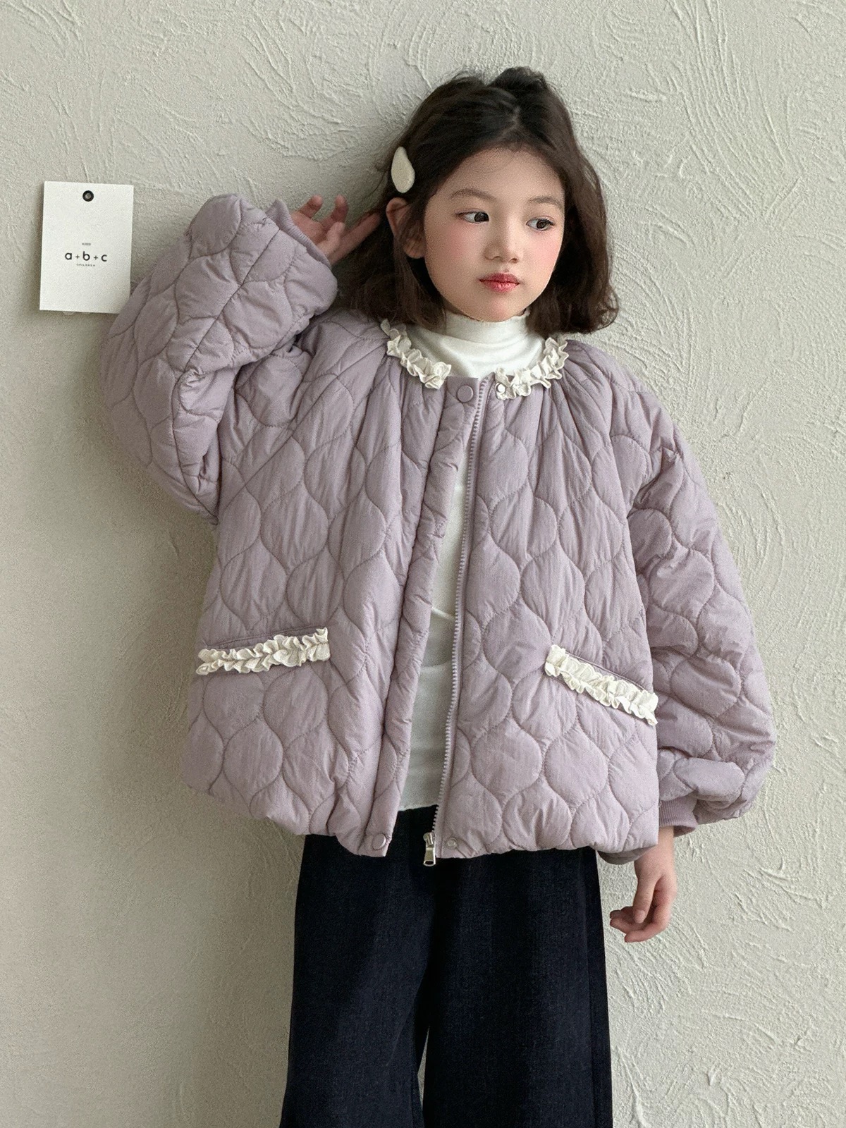 HANBAN-女童棉服秋冬款2025-冬季新款儿童紫色棉服百搭面包款棉服