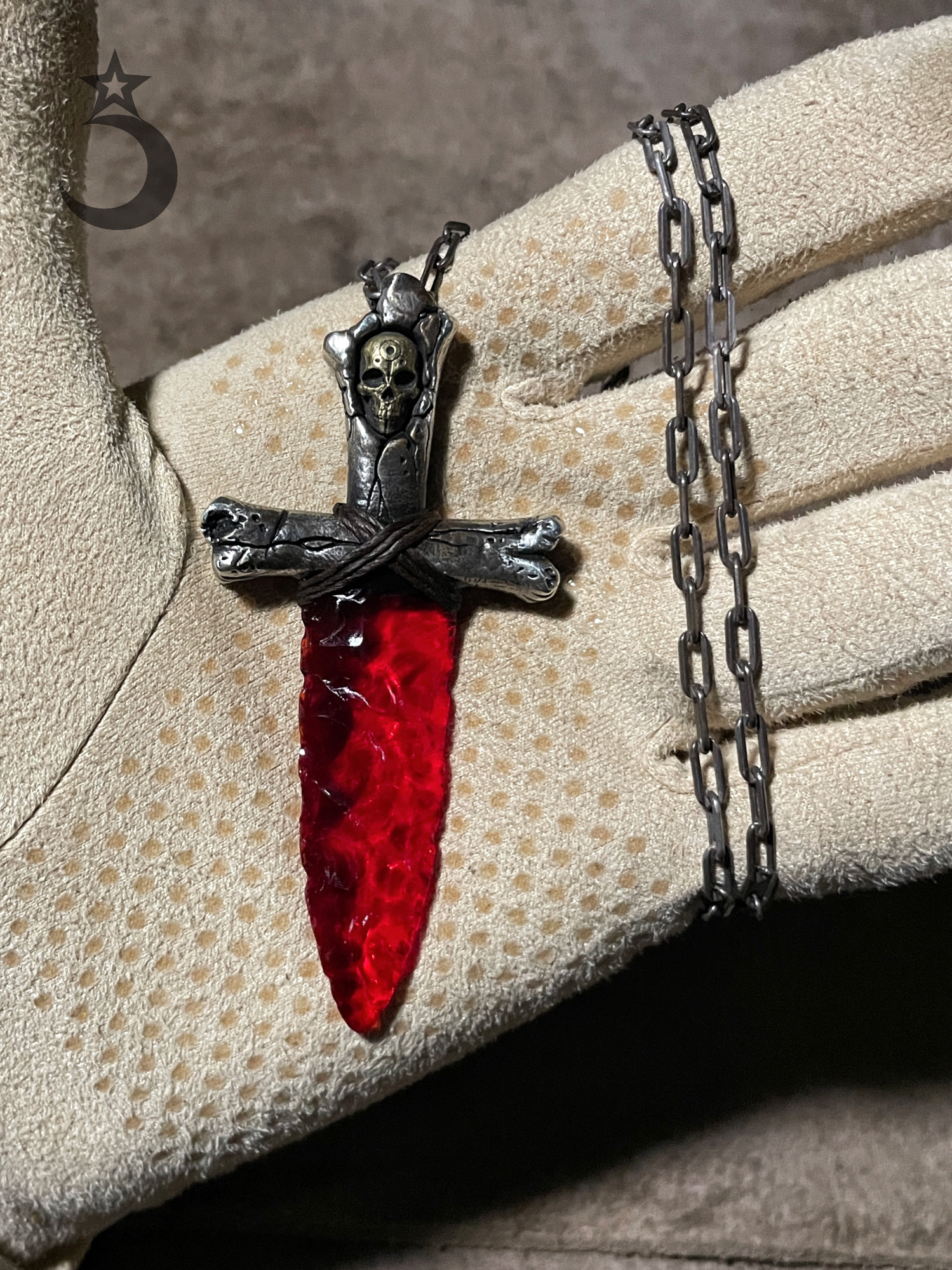 两眼/透红十字形/925银柄/手工打制吊坠