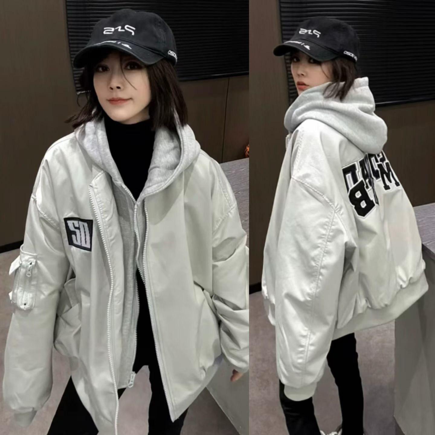 欧货潮牌2025秋冬新款连帽拼接短款夹棉外套女宽松休闲保暖棉服潮