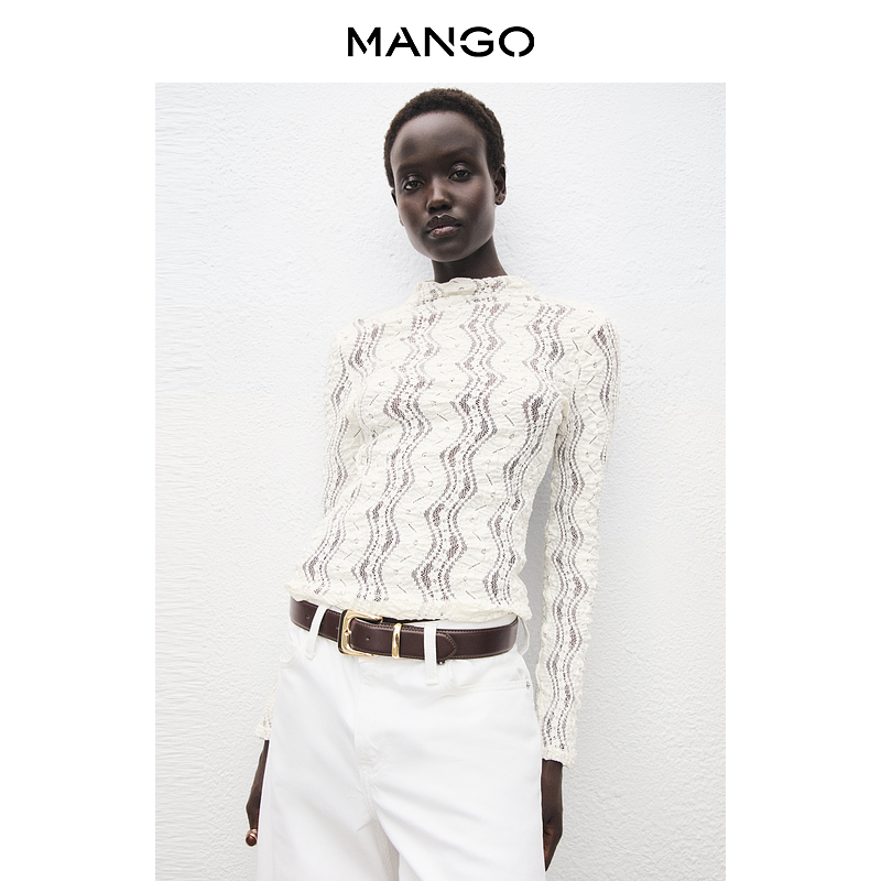 MANGO女装毛针织衫2025秋装新款长袖镂空佩金斯领口修身针织上衣