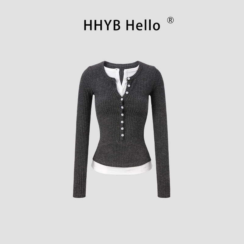 HHYB Hello假两件设计感圆领拼接上衣2025秋灰色针织衫女250726