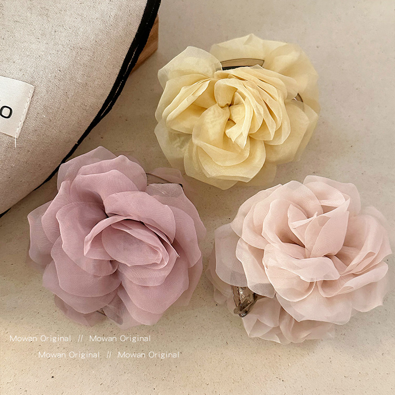 网纱玫瑰花朵发夹女2025新款高端后脑勺半扎发盘发抓夹子发卡头饰