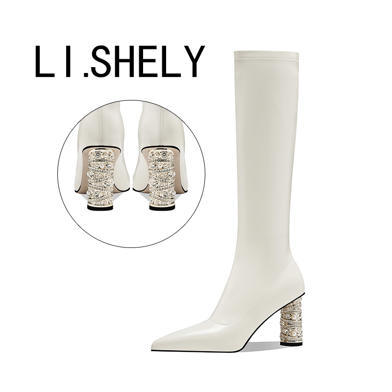 新【10厘米】2025年冬秋时尚奶白色粗跟高跟细头优雅长筒时装靴子