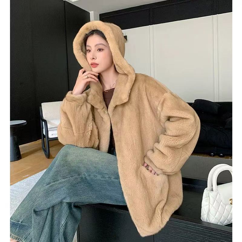 [现货阿元]2025连帽新款舒适水貂大衣女整貂貂皮时尚皮草进口大衣