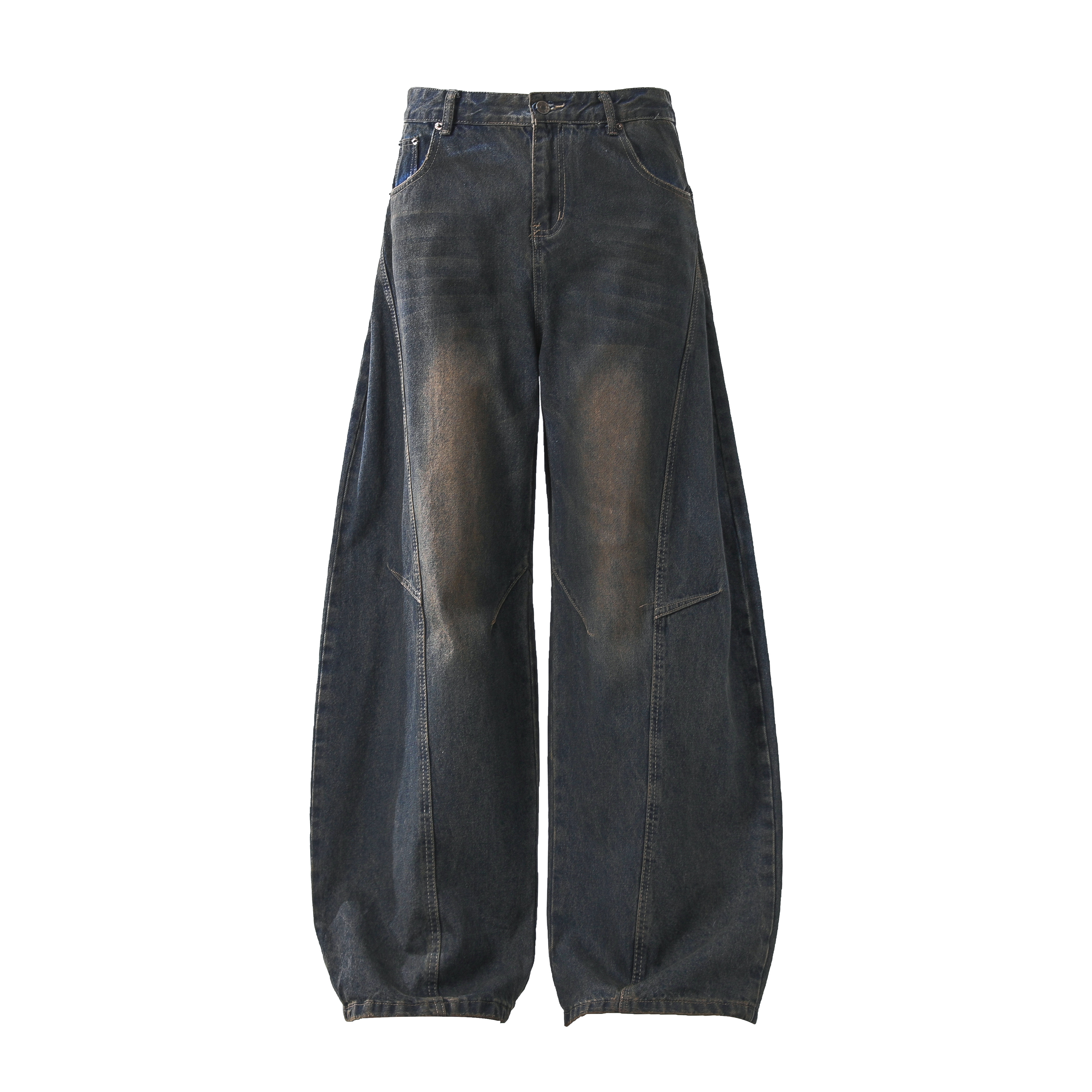 美式解构设计做旧分割线个性渐变牛仔裤